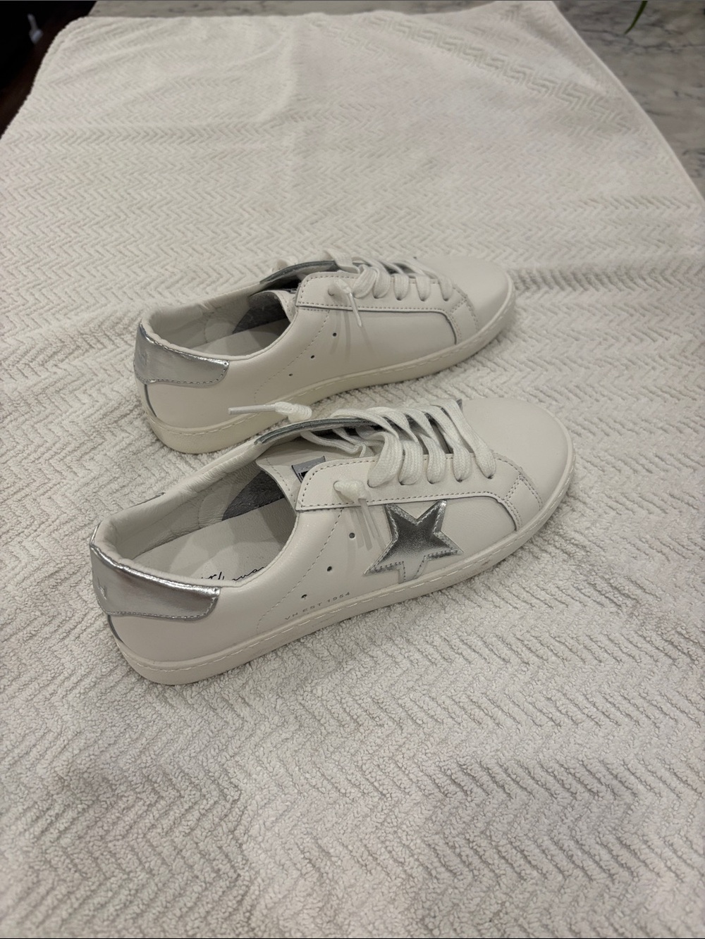 Vince White Leather Sneakers with Silver Star Accent